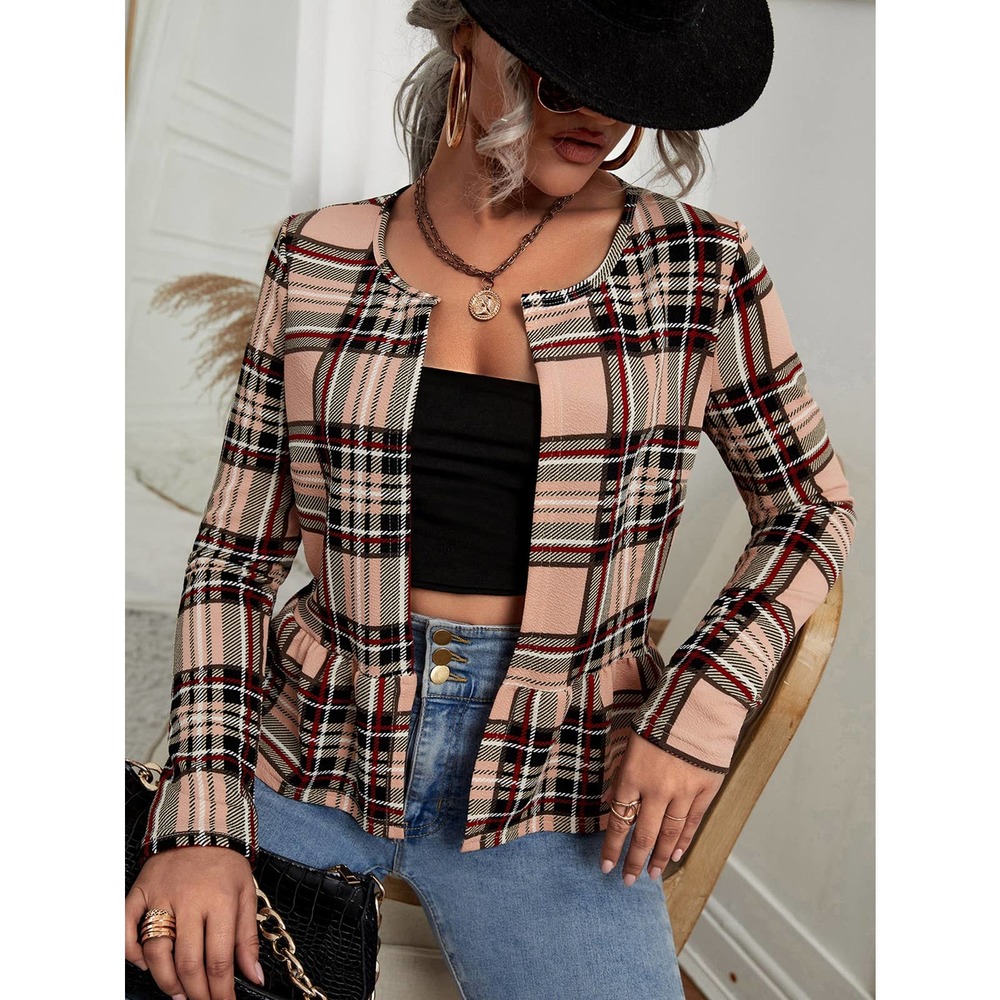Plaid Print Open Front collarless blazer Jacket tan - Picture 4 of 4